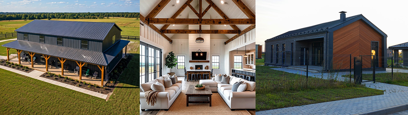 two exterior images of Barndominums and one interior image of a Barndominiums